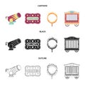 Circus trailer, circus gun, burning hoop, signboard.Circus set collection icons in cartoon,black,outline style vector Royalty Free Stock Photo