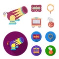Circus trailer, circus gun, burning hoop, signboard.Circus set collection icons in cartoon,flat style vector symbol