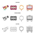 Circus trailer, circus gun, burning hoop, signboard.Circus set collection icons in cartoon,outline,monochrome style Royalty Free Stock Photo