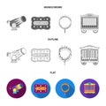 Circus trailer, circus gun, burning hoop, signboard.Circus set collection icons in flat,outline,monochrome style vector Royalty Free Stock Photo