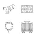 Circus trailer, circus gun, burning hoop, signboard.Circus set collection icons in outline style vector symbol stock Royalty Free Stock Photo