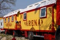 Circus trailers. Colorful vintage wagon where the circus people stay in between the shows.