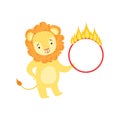 Circus Trained Lion Animal Artist Performing Stunt With The Burning Hula-Hoop For The Circus Show