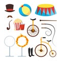 Circus Trainer Items Set Vector. Circus Accessories. Hat, Mustache, Ball, Podium, Stand, Whip, Tobacco, Popcorn, Soda