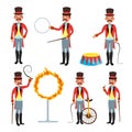 Circus Trainer Vector. Circus Performances Of Trained Animals. Mustache, Red Cloak, Cylinder, Whip. Isolated On White