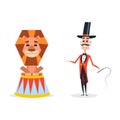 Circus trainer with a whip in a red suit. An animal tamer stands next to a smiling lion Royalty Free Stock Photo