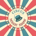 Circus vintage banner. Magic show. Conjurer performance. Illusionist hat. Striped card. Clown carnival. Amusement event