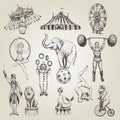 Circus vintage hand drawn vector illustrations set. Royalty Free Stock Photo