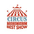 Circus vintage label. Invitation to performance with clowns and trained animals. Red tent dome. Welcome show poster Royalty Free Stock Photo