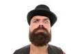 Circus worker. Circus magic trick performance. Let performance begin. Man bearded hipster cylinder. Weird things going