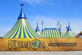 Cirque du Soleil yellow and blue tent