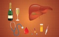 Cirrhosis illustration with liver medicine alcohol as the real cause