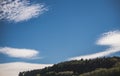 Cirrus clouds in the blue sky in autumn and a woodland of coniferous and deciduous trees Royalty Free Stock Photo