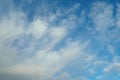 Cirrus clouds on blue sunny spring sky, nature background without focus. Royalty Free Stock Photo