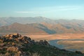 Cirrus clouds hovering above drought stricken Lake Isabella in the southern range of California's Sierra Nevada mountains