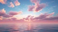 Cirrus clouds tinted pink by the sun at sunset over a calm blue ocean