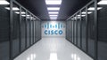Cisco Systems logo on the wall of the server room. Editorial 3D rendering