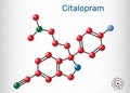 Citalopram, C20H21FN2O molecule. It is is antidepressant, selective serotonin reuptake inhibitor SSRI class, is widely used to