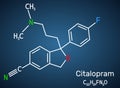 Citalopram, C20H21FN2O molecule. It is is antidepressant, selective serotonin reuptake inhibitor SSRI class, is widely used to