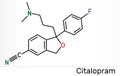 Citalopram, C20H21FN2O molecule. It is antidepressant, selective serotonin reuptake inhibitor SSRI class, is widely used to