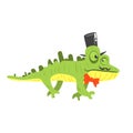 Cite cartoon chameleon wearing black top hat. Colorful character vector Illustration