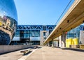 The Cite des Sciences et de l`Industrie science museum and La Geode spheric theater in Paris, France