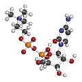 Citicoline CDP-choline molecule. 3D rendering. Atoms are represented as spheres with conventional color coding: hydrogen white.