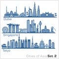 Cities of Asia - Dubai, Singapore, Tokyo. Detailed architecture. Trendy vector illustration. Royalty Free Stock Photo