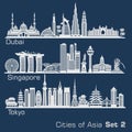 Cities of Asia - Dubai, Singapore, Tokyo. Detailed architecture. Trendy vector illustration. Royalty Free Stock Photo