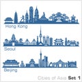 Cities of Asia - Hong Kong, Seoul, Beijing. Detailed architecture. Trendy vector illustration.