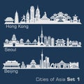 Cities of Asia - Hong Kong, Seoul, Beijing. Detailed architecture. Trendy vector illustration.