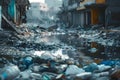 Concept Urban Cities in Ruins Garbage, Abandoned Buildings, Polluted Oceans, and Plastic Waste