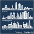 Cities of USA - Austin, Philadelphia, San Antonio. Detailed architecture. Trendy vector illustration.