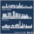 Cities of USA - Bakersfield, Wichita, Riverside. Detailed architecture. Trendy vector illustration.