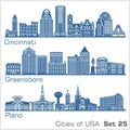 Cities of USA - Cincinnati, Greensboro, Plano. Detailed architecture. Trendy vector illustration.