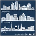 Cities of USA - Cincinnati, Greensboro, Plano. Detailed architecture. Trendy vector illustration. Royalty Free Stock Photo