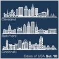 Cities of USA - Cleveland, Baltimore, Cincinnati. Detailed architecture. Trendy vector illustration.