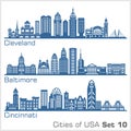Cities of USA - Cleveland, Baltimore, Cincinnati. Detailed architecture. Trendy vector illustration.