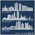 Cities of USA - Fort Worth, Jacksonville, Columbus. Detailed architecture. Trendy vector illustration.