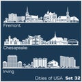 Cities of USA - Fremont, Chesapeake, Irving. Detailed architecture. Trendy vector illustration.