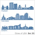 Cities of USA - Hialeah, Glendale, Gilbert. Detailed architecture. Trendy vector illustration.