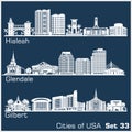 Cities of USA - Hialeah, Glendale, Gilbert. Detailed architecture. Trendy vector illustration.