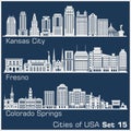 Cities of USA - Kansas City, Fresno, Colorado Springs. Detailed architecture. Trendy vector illustration.