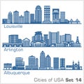 Cities of USA - Louisville, Arlington, Albuquerque. Detailed architecture. Trendy vector illustration.