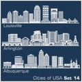 Cities of USA - Louisville, Arlington, Albuquerque. Detailed architecture. Trendy vector illustration.
