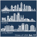 Cities of USA - Oakland, Long Beach, Omaha. Detailed architecture. Trendy vector illustration.