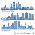 Cities of USA - Oklahoma City, Memphis, Milwaukee. Detailed architecture. Trendy vector illustration.