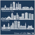 Cities of USA - Oklahoma City, Memphis, Milwaukee. Detailed architecture. Trendy vector illustration.