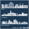 Cities of USA - Reno, Lubbock, Scottsdale. Detailed architecture. Trendy vector illustration.