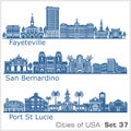 Cities of USA - San Bernardino, Fayetville, Port St. Lucie. Detailed architecture. Trendy vector illustration.